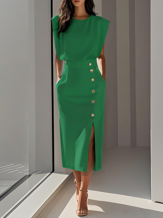 Malene™ | Robe Midi Unie avec Ouverture de Boutons et Décolleté Rond