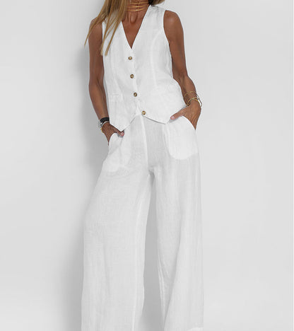 Jessica - Ensemble Gilet Boutonné & Pantalons à Jambes Larges