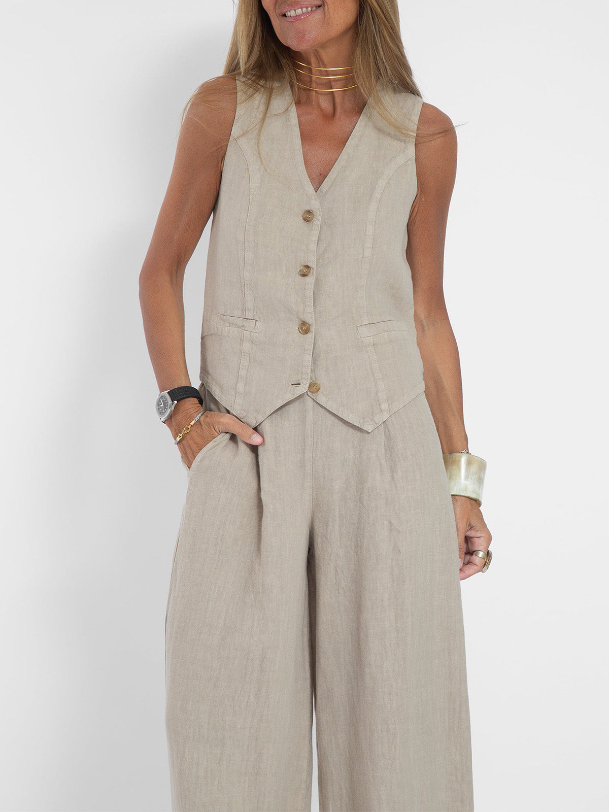 Jessica - Ensemble Gilet Boutonné & Pantalons à Jambes Larges