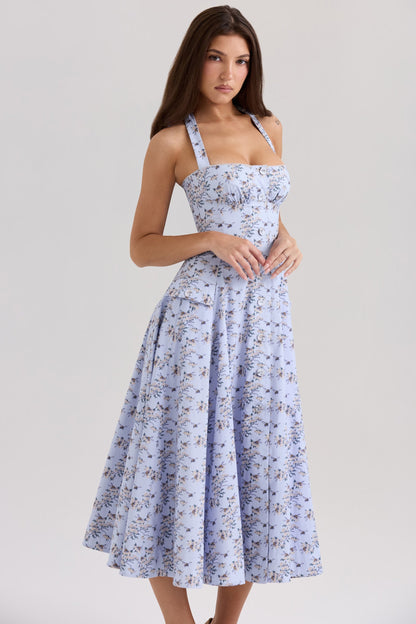 Belle - Robe Midi avec Imprimé de Marguerites et Col Halter