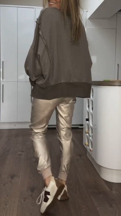 Ensemble Décontracté avec Col Rond pour Femmes + Pantalons en Cuir Synthétique