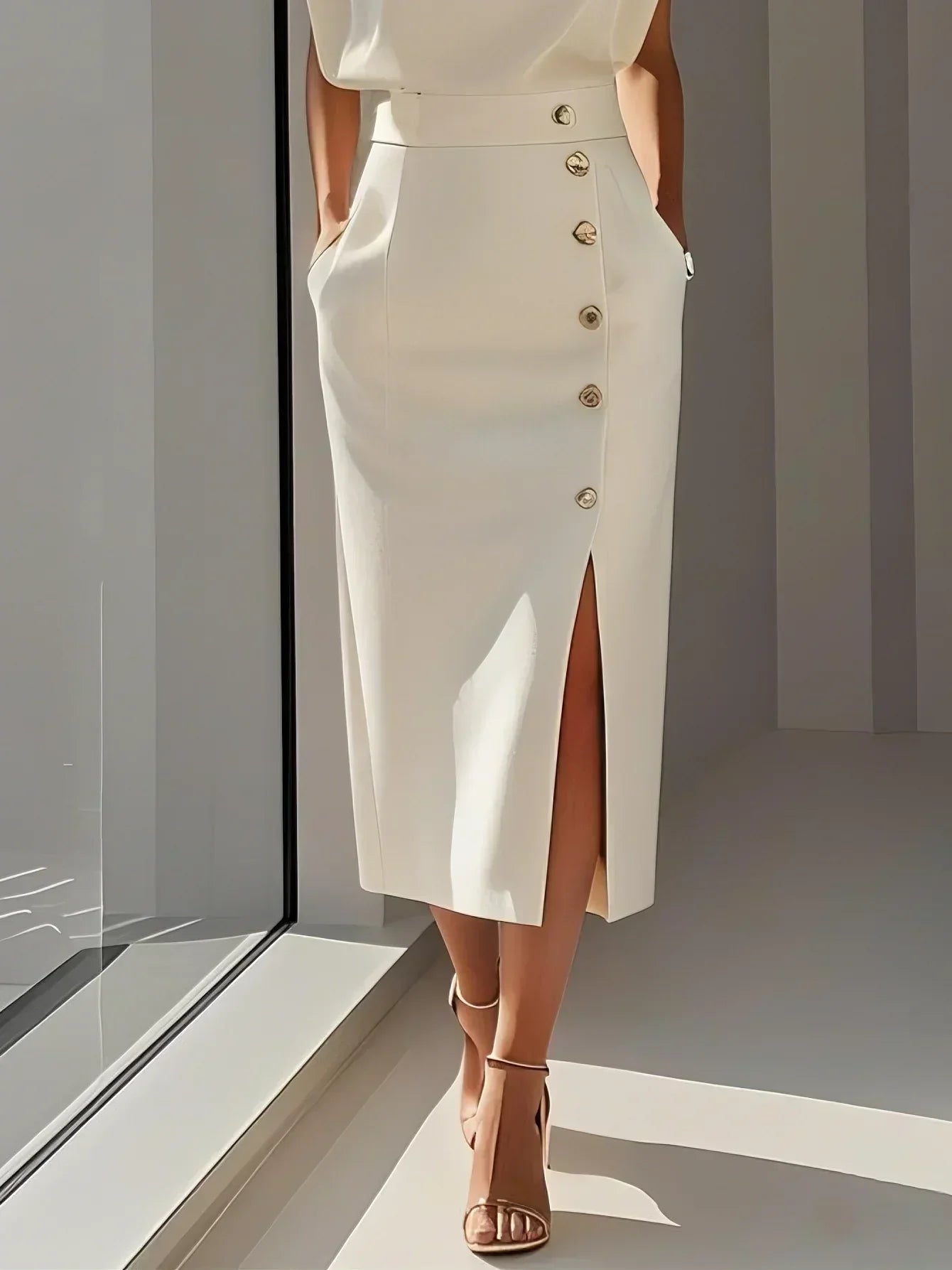 Malene™ | Robe Midi Unie avec Ouverture de Boutons et Décolleté Rond