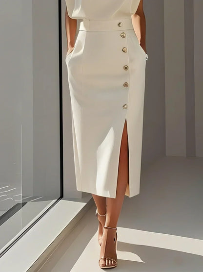 Malene™ | Robe Midi Unie avec Ouverture de Boutons et Décolleté Rond