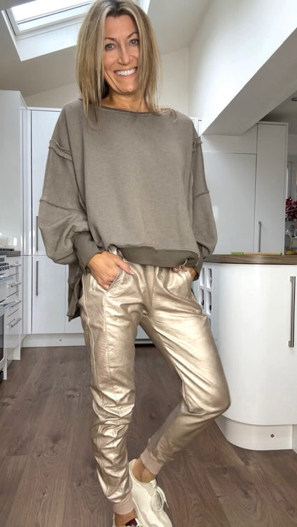 Ensemble Décontracté avec Col Ronde pour Femme + Pantalons en Cuir