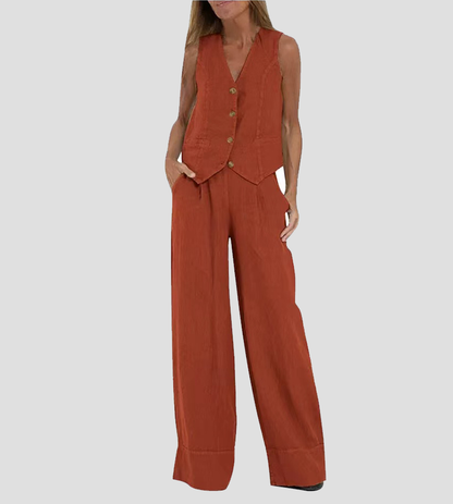 Jessica - Ensemble Gilet Boutonné & Pantalons à Jambes Larges