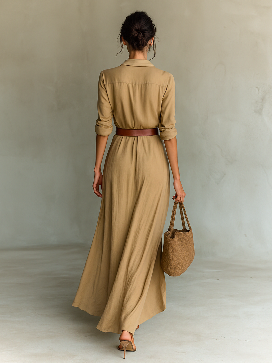 Robe Maxi Longue avec Col Revers pour Femmes, Manches Longues, Fermeture à Un Bouton