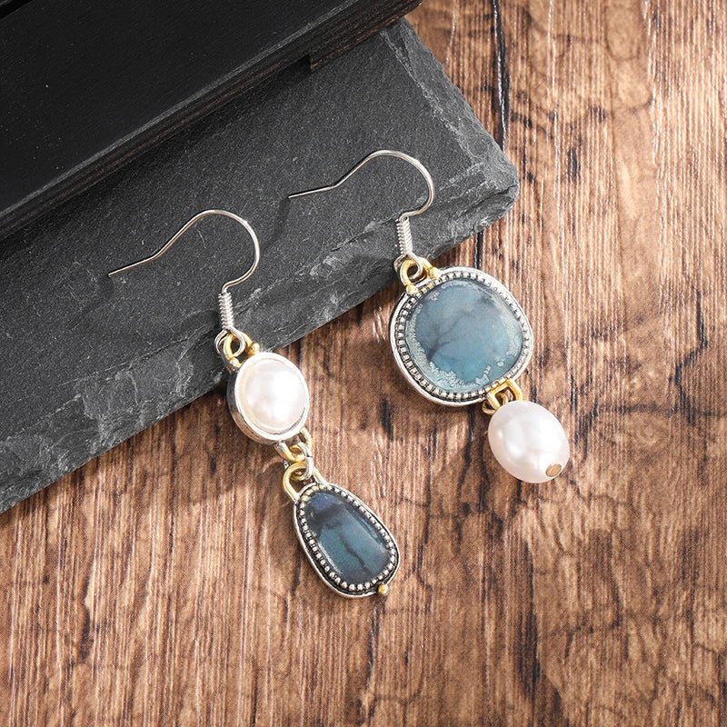 Boucles d'oreilles rétro en pierre naturelle bleue