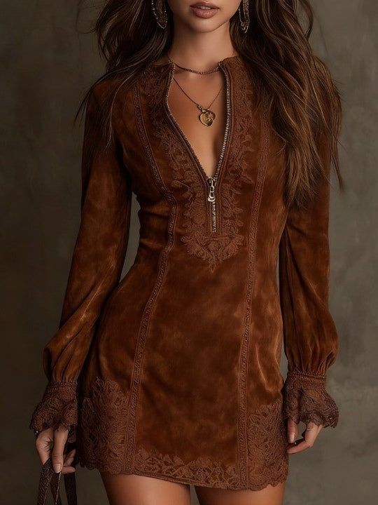 Azulena ❘ Robe mini vintage en daim avec dentelle