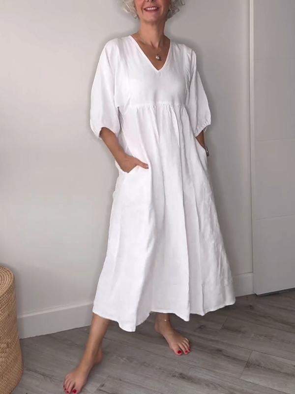 Eeva™ - Robe Midi Décontractée avec Décolleté en V et Poches