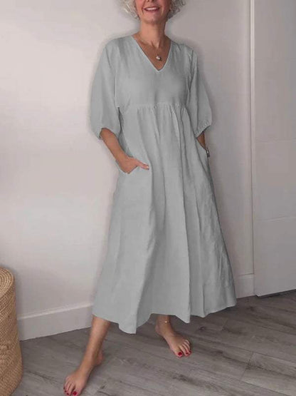 Eeva™ - Robe Midi Décontractée avec Décolleté en V et Poches