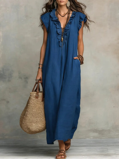 Robe Longue Femme Bohémienne en Lin et Coton - Coupe Fluide Élégante