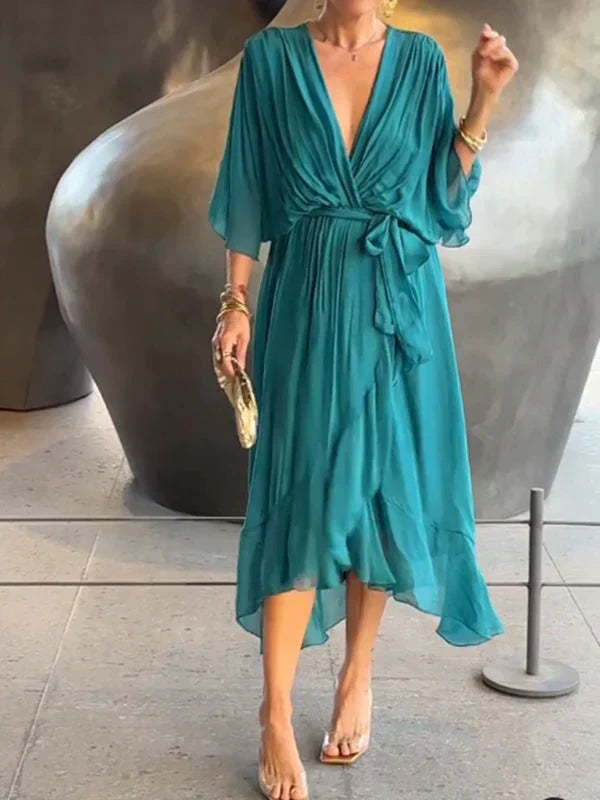 Monica™ | Robe en Chiffon de Soie à Col V