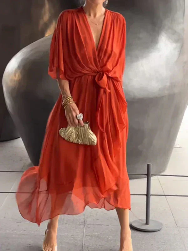Monica™ | Robe en Chiffon de Soie à Col V