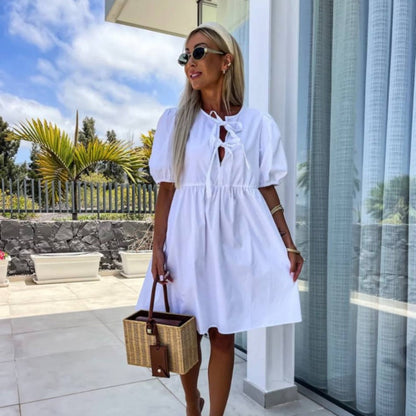 Robe Mini Femme avec Manches Bouffantes et Détail de Nœud Frontal