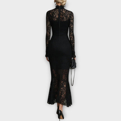 Robe Midi Élégante en Dentelle avec Col Haut
