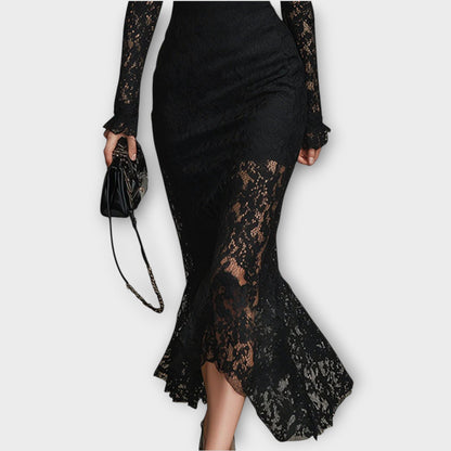 Robe Midi Élégante en Dentelle avec Col Haut